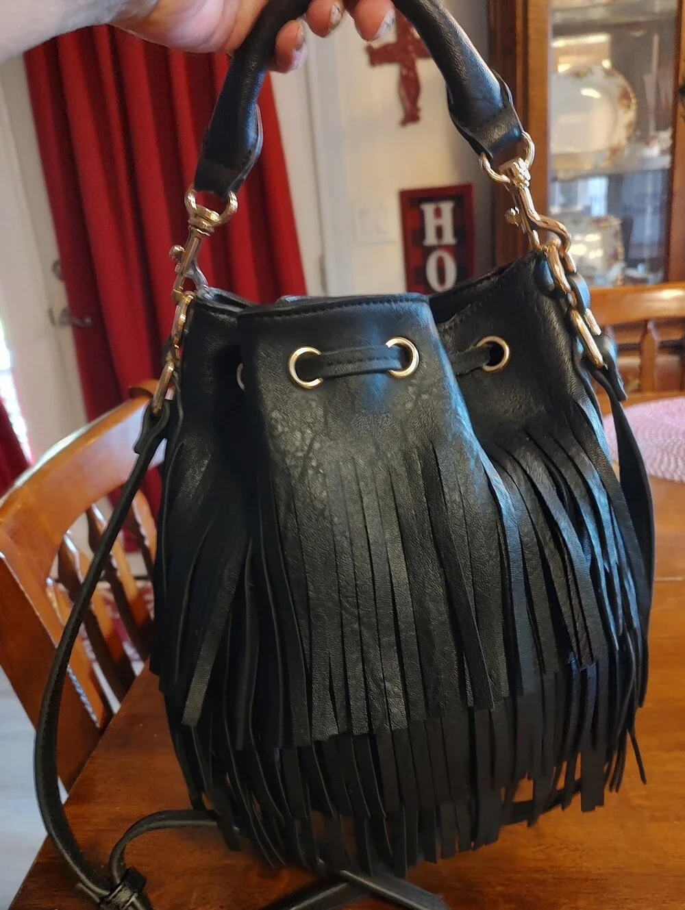 Black Fringe Bucket Crossbody Bag - Unbranded